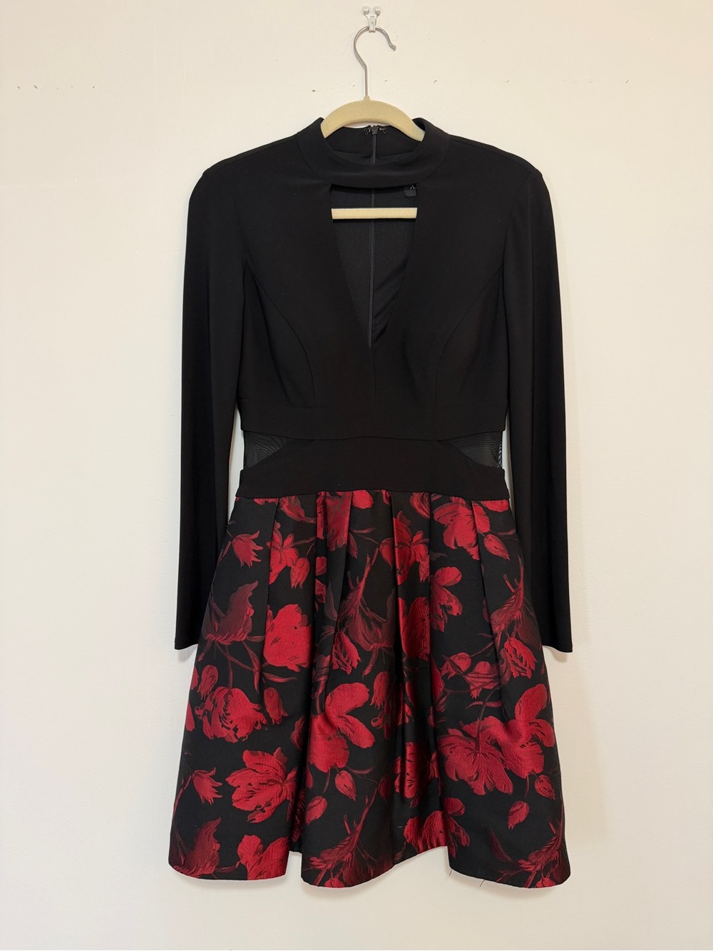 Xscape Black Red Floral Jacquard Fit & Flare Cocktail Dress with Cutouts